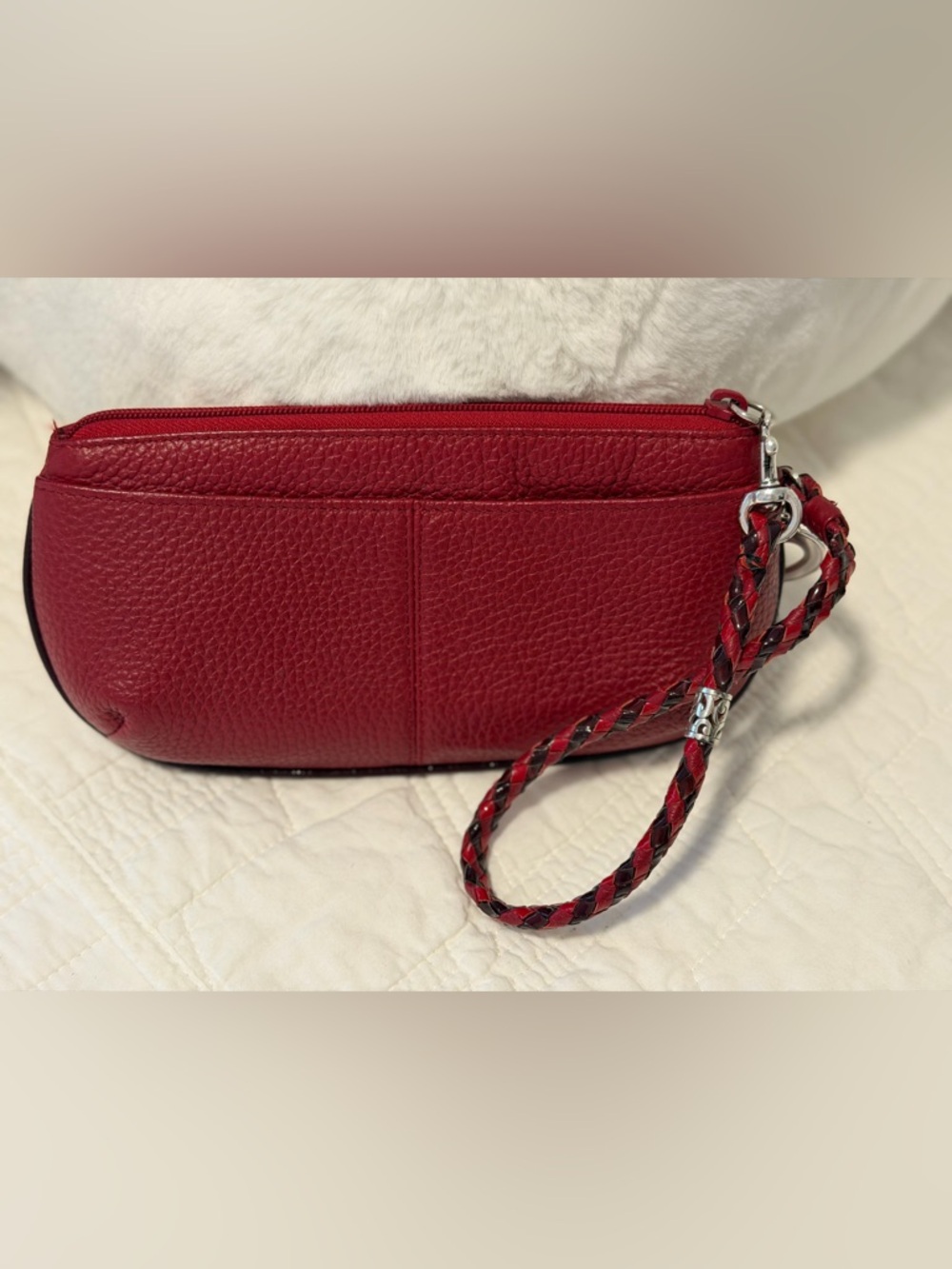 Brighton Red Pebbled Leather Wristlet Clutch with Braided Strap. 8.5x4.5